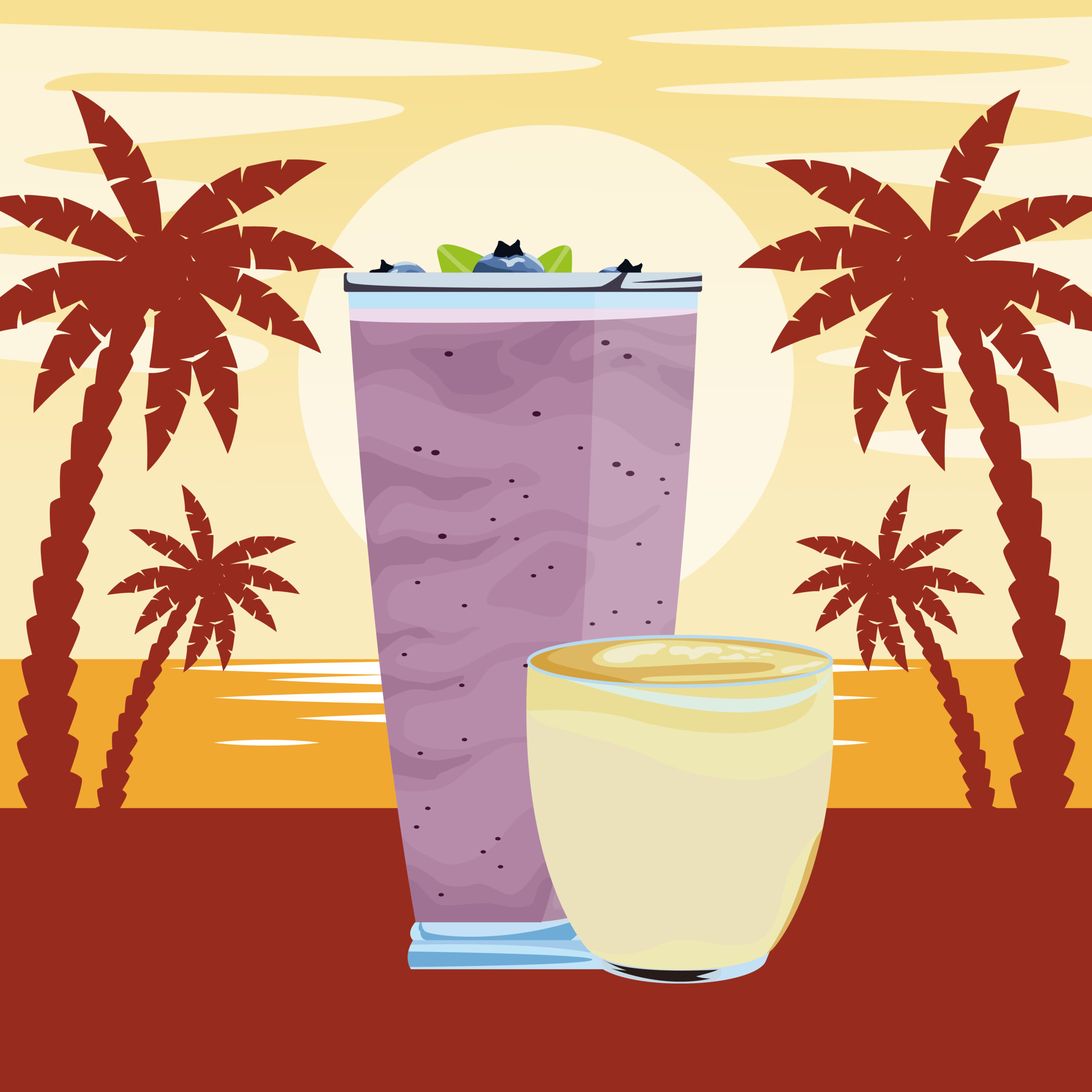 fruit tropical smoothie drink with small cup, large glass and straw icon cartoon over beach sunset landscape vector illustration graphic design